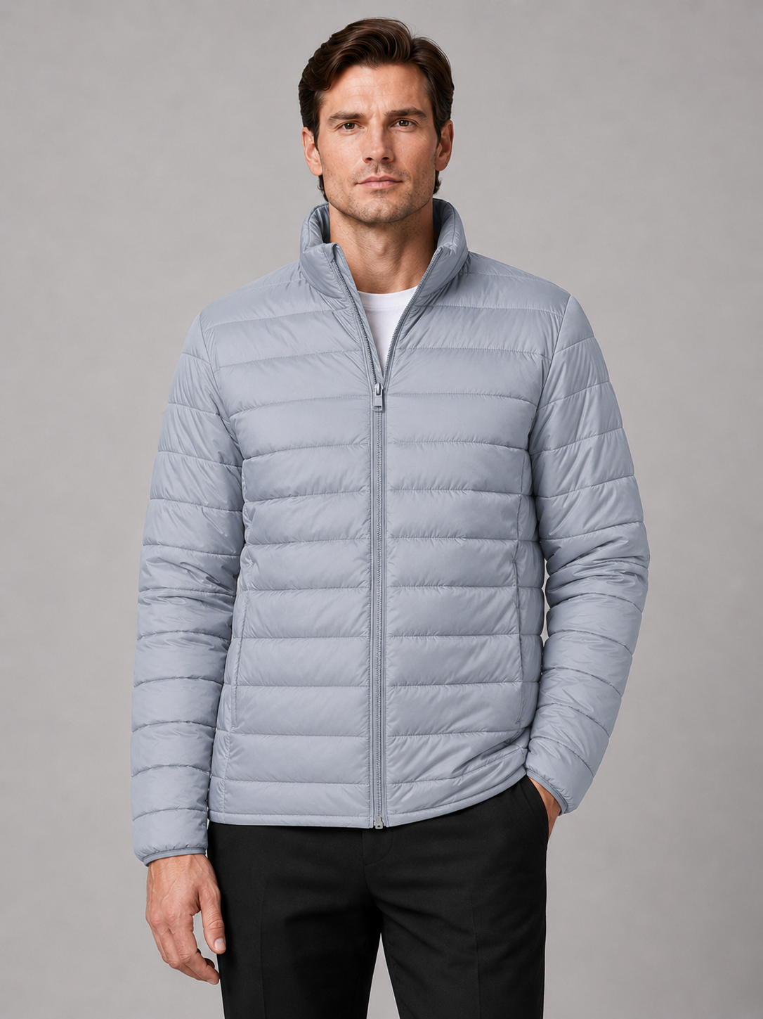 Men wearing light gray down puffer jacket stand collar windproof waterproof winter outdoor style