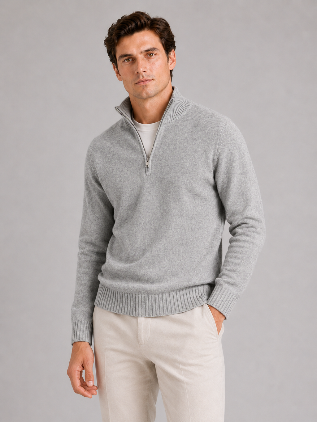 Men wearing light gray half zip sweater long sleeve solid color knit pullover for fall everyday style