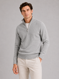 Men wearing light gray half zip sweater long sleeve solid color knit pullover for fall everyday style