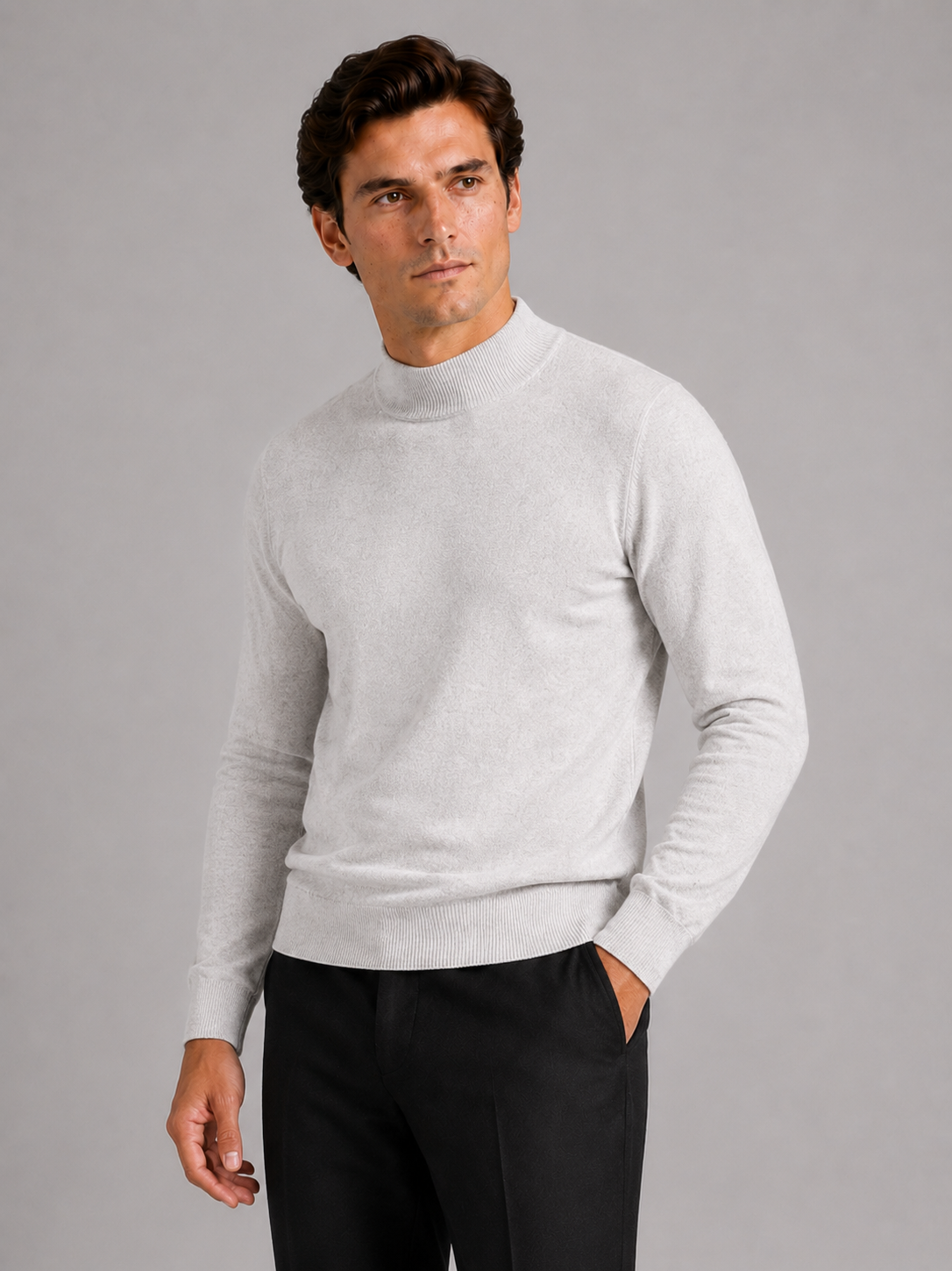 Men wearing light gray mock neck sweater slim fit knit pullover warm winter casual style