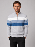 Front view of a man wearing a light gray patchwork cotton quarter zip sweater with a mock neck and long sleeves