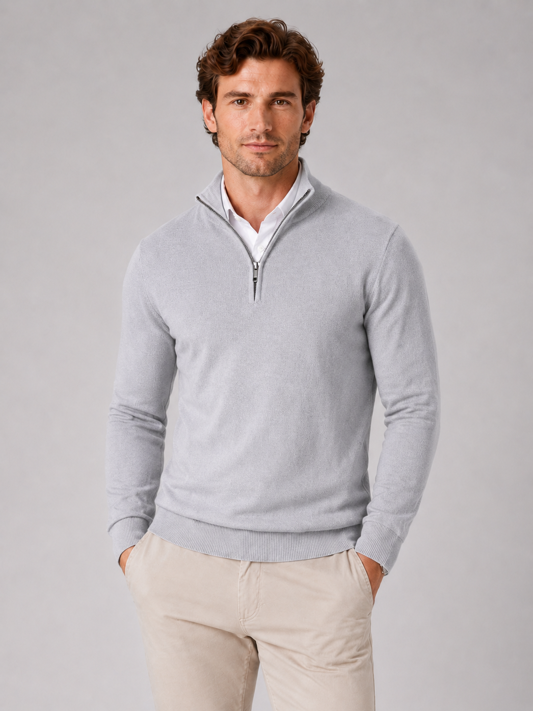 Men wearing light gray quarter zip sweater slim fit lightweight mock neck spring fall casual style