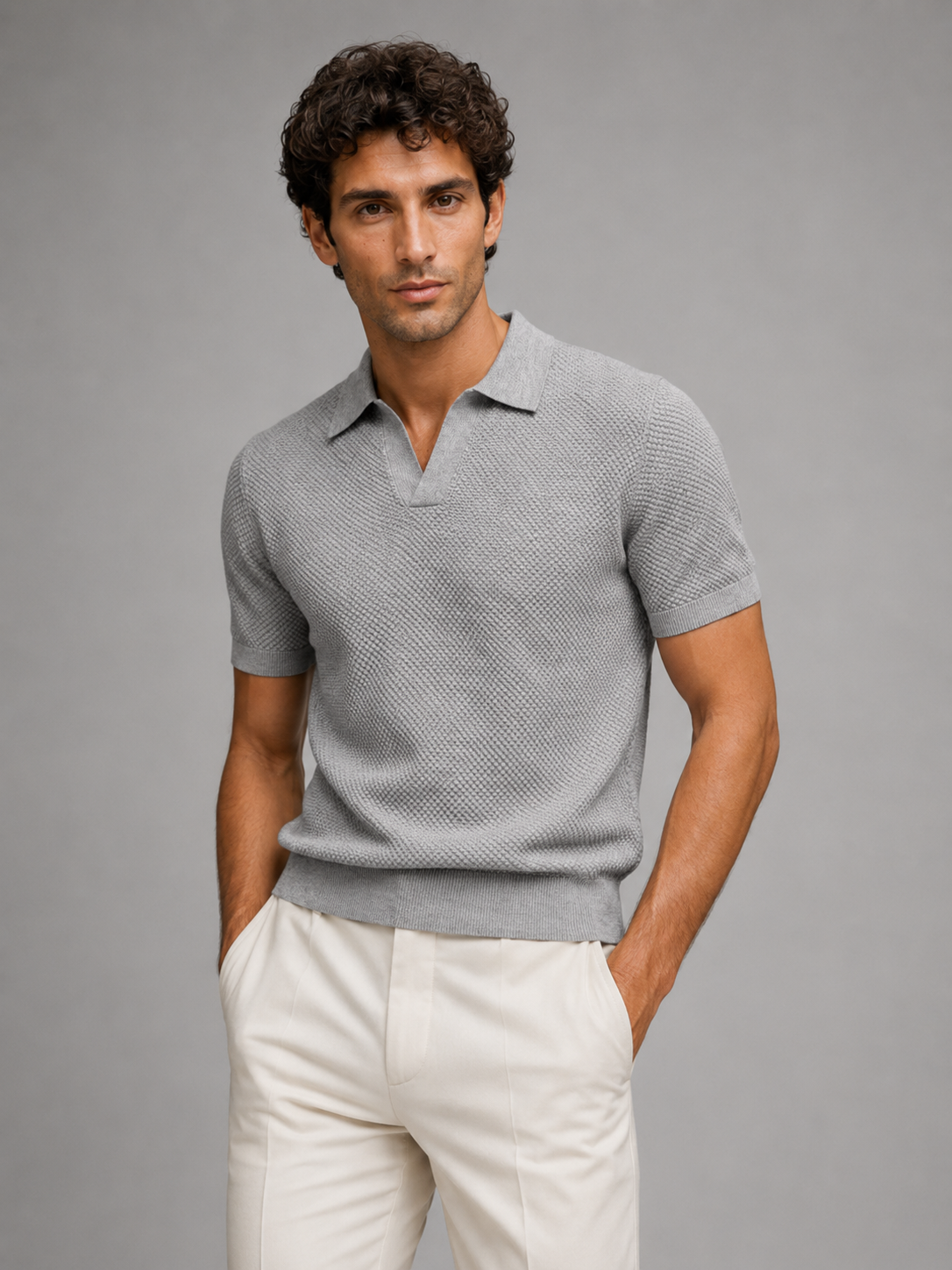 Men wearing light gray knit polo shirt lightweight breathable stretch short sleeve summer style