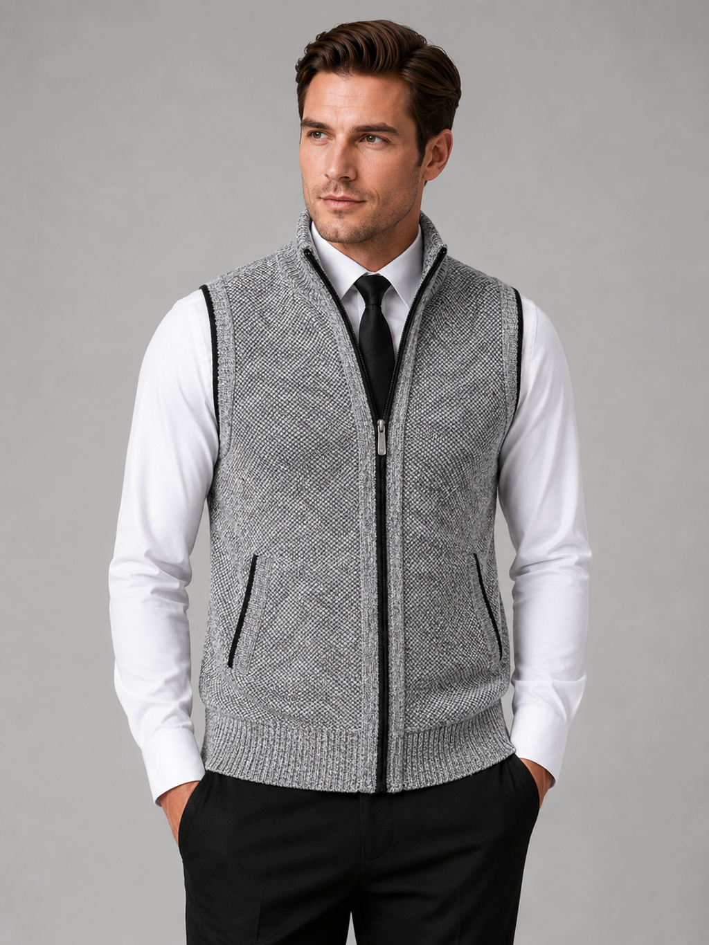 Men wearing light gray full zip sweater vest stand collar slim fit knit fall winter business casual style