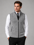 Men wearing light gray full zip sweater vest stand collar slim fit knit fall winter business casual style
