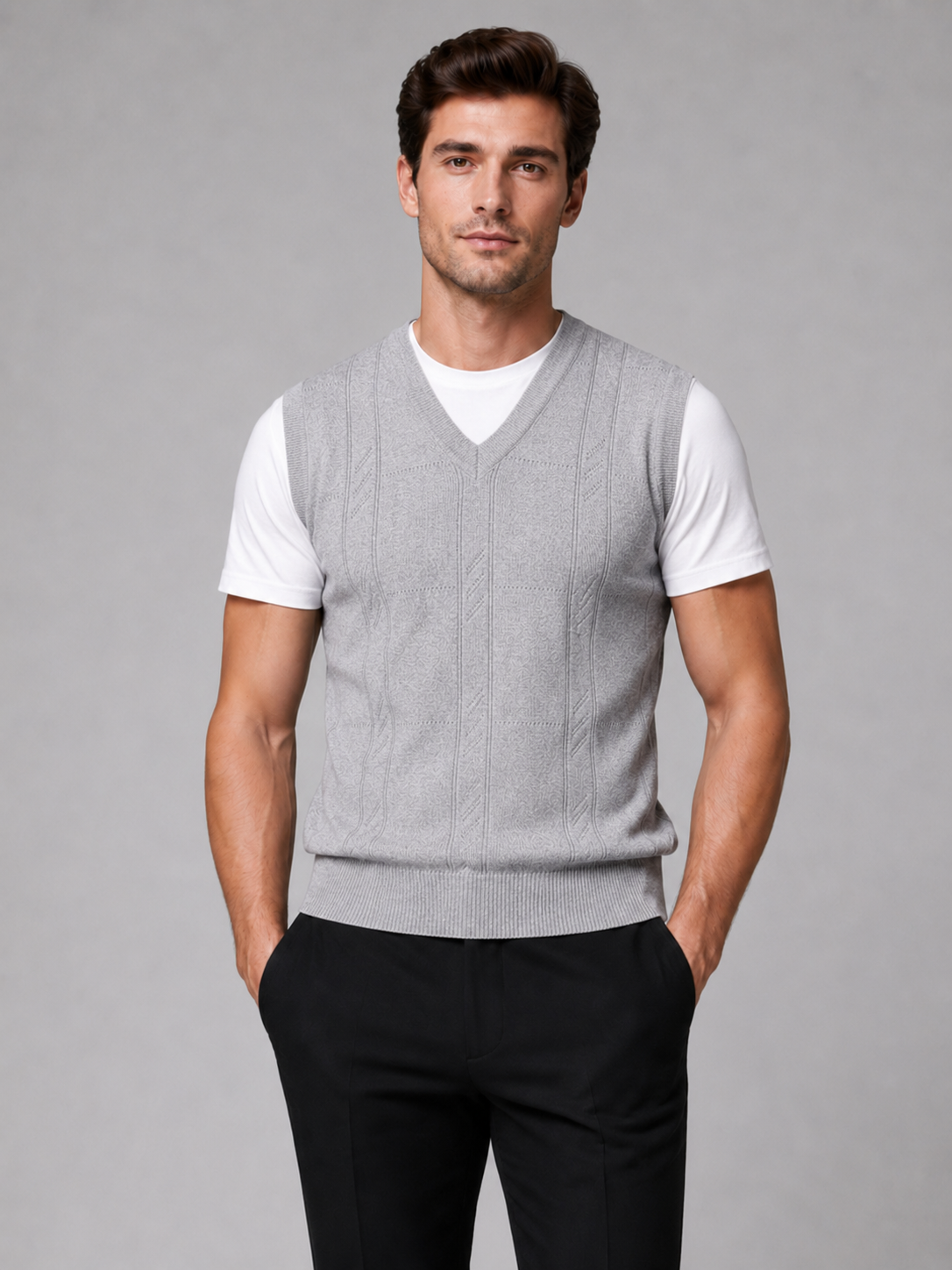 Men wearing light gray v neck sweater vest solid color knit fall winter business casual style