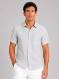Men wearing light gray seersucker striped short sleeve shirt lightweight breathable summer style