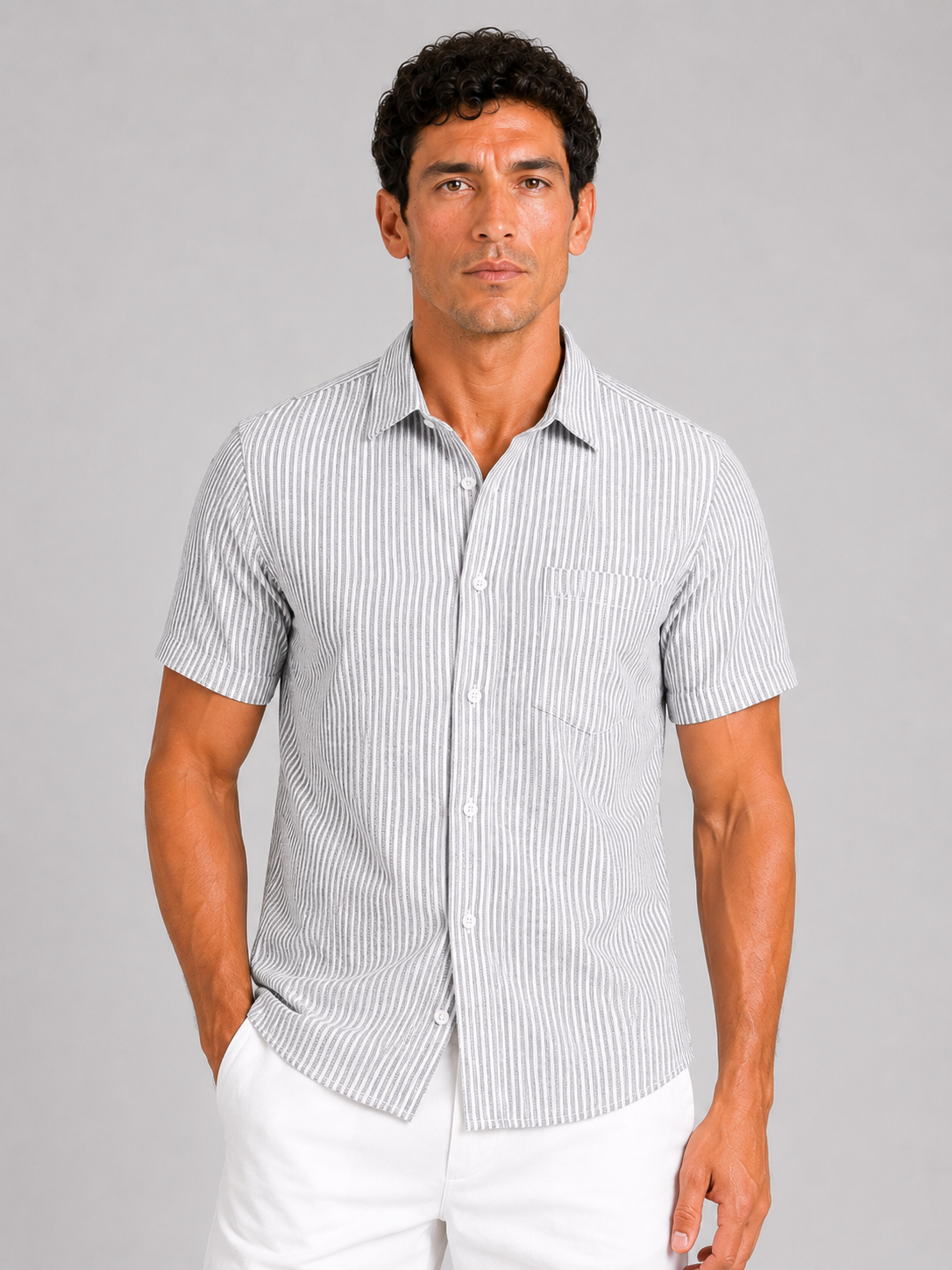 Men wearing light gray seersucker striped short sleeve shirt lightweight breathable summer style
