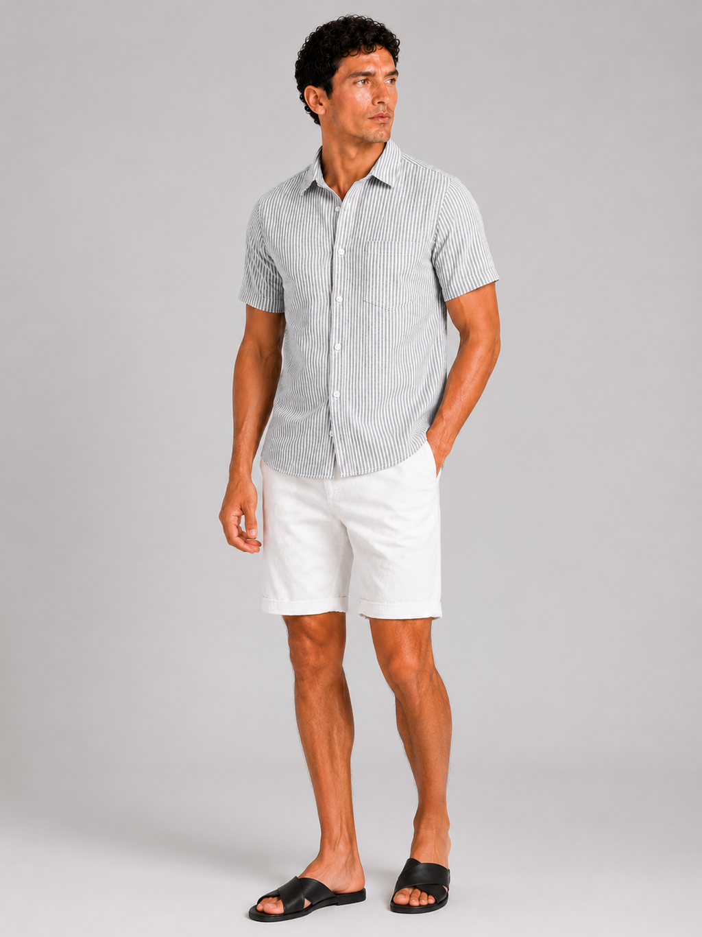 Light gray seersucker striped shirt for men short sleeve lightweight casual summer wear