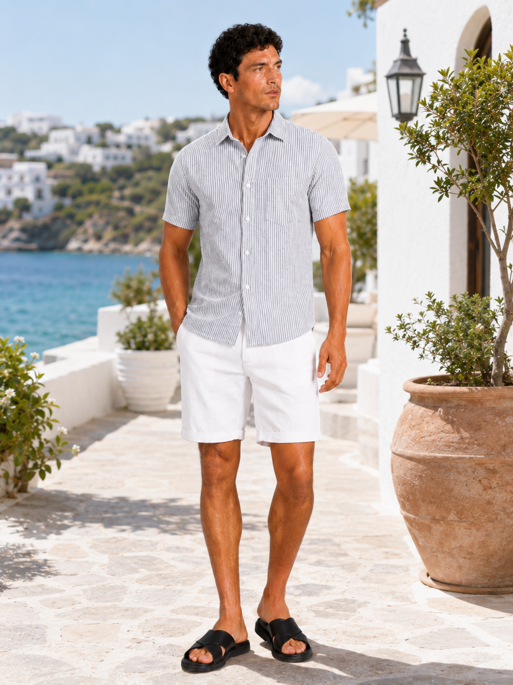 Man styling light gray seersucker striped shirt in a clean summer lifestyle outfit