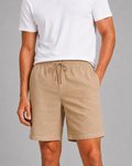 Men wearing khaki linen drawstring shorts relaxed fit lightweight breathable summer casual style