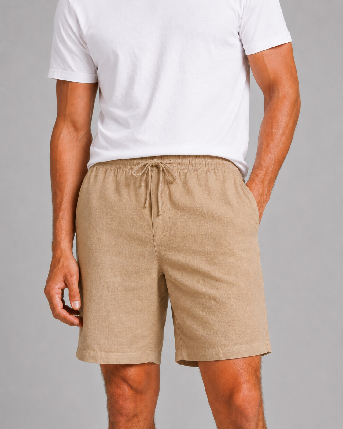 Men wearing khaki linen drawstring shorts relaxed fit lightweight breathable summer casual style