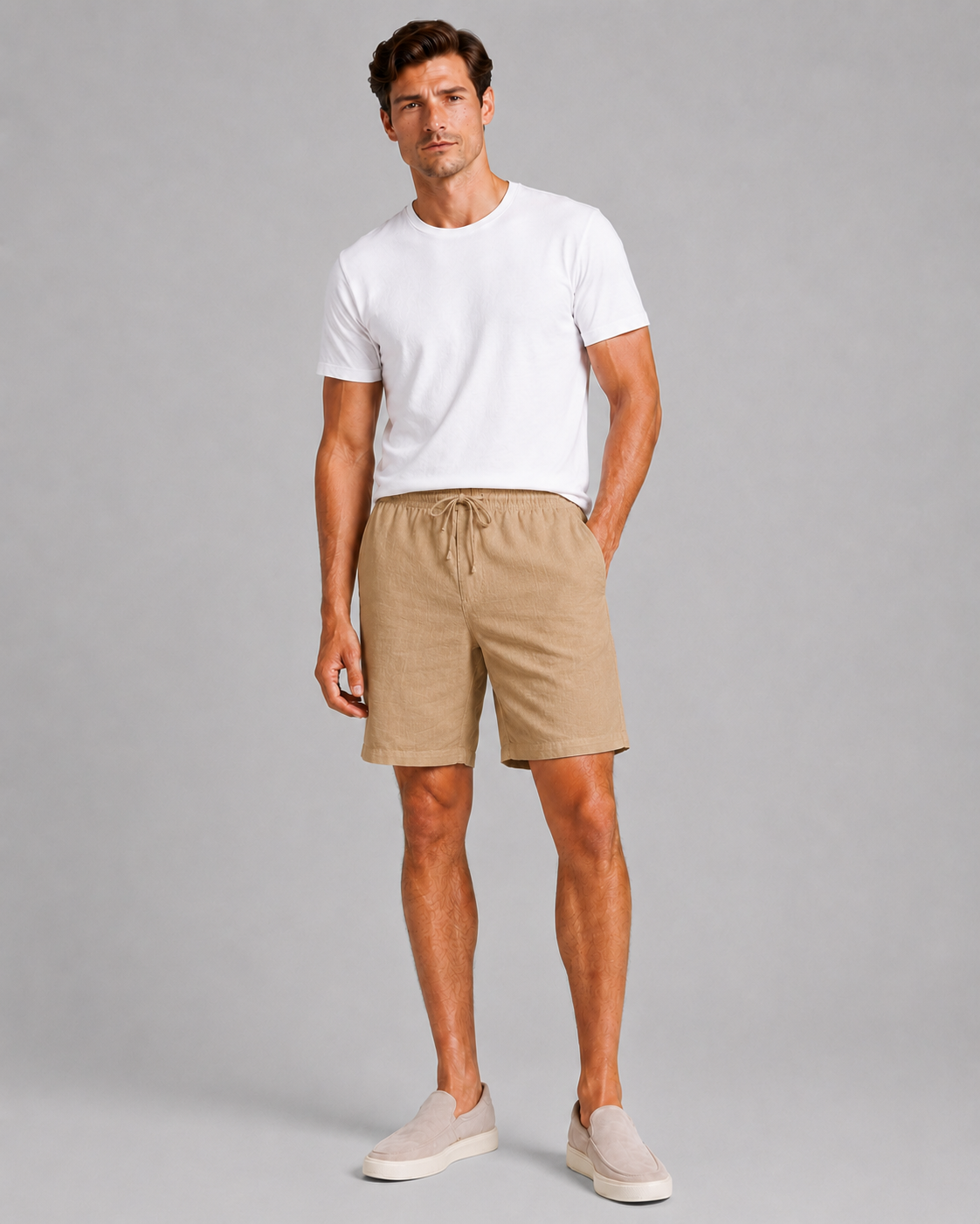 Men’s khaki linen drawstring shorts lightweight comfortable relaxed casual and vacation wear