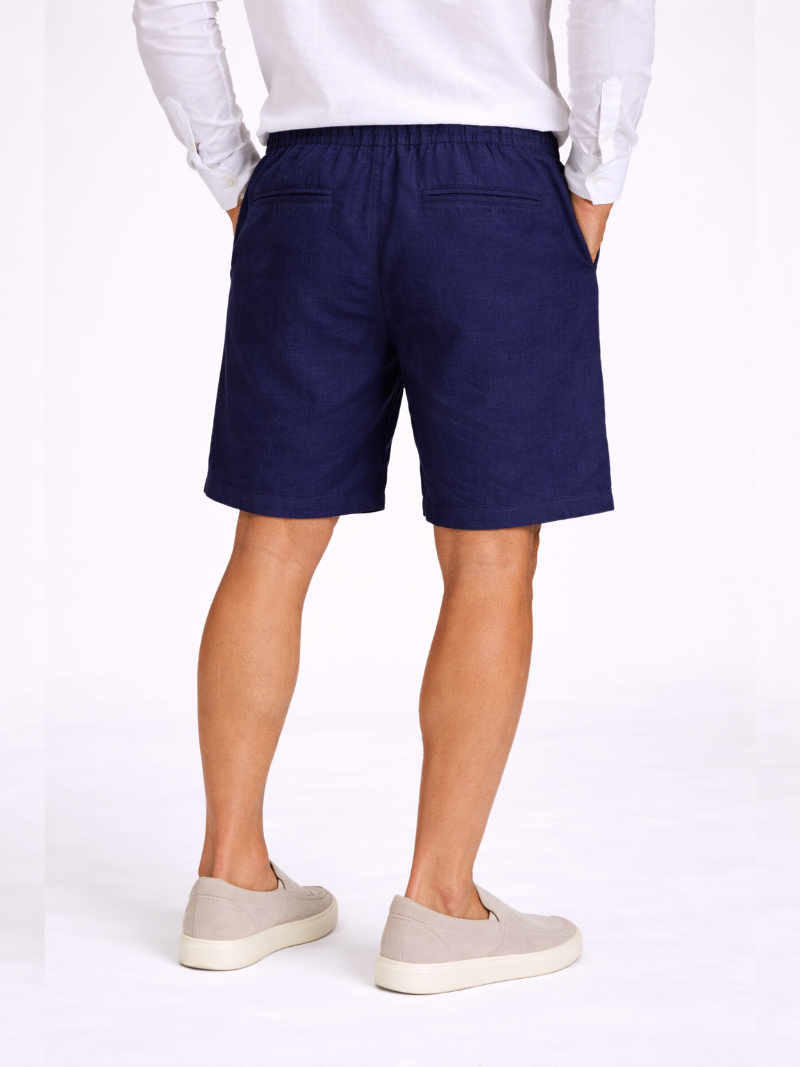 Navy linen shorts with drawstring waist relaxed fit soft breathable fabric summer outfit