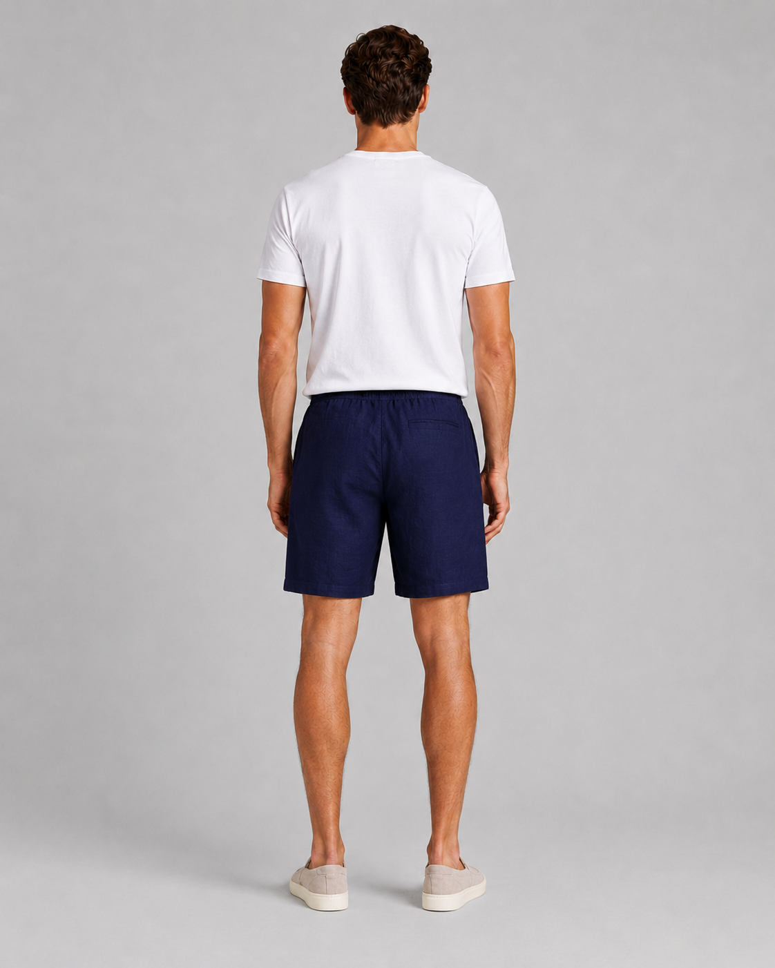 Navy linen shorts with drawstring waist relaxed fit soft breathable fabric summer outfit