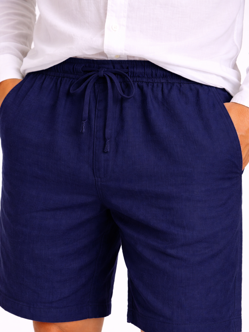 Men’s navy linen drawstring shorts lightweight comfortable relaxed summer everyday wear
