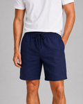 Men wearing navy linen drawstring shorts relaxed fit lightweight breathable summer casual style
