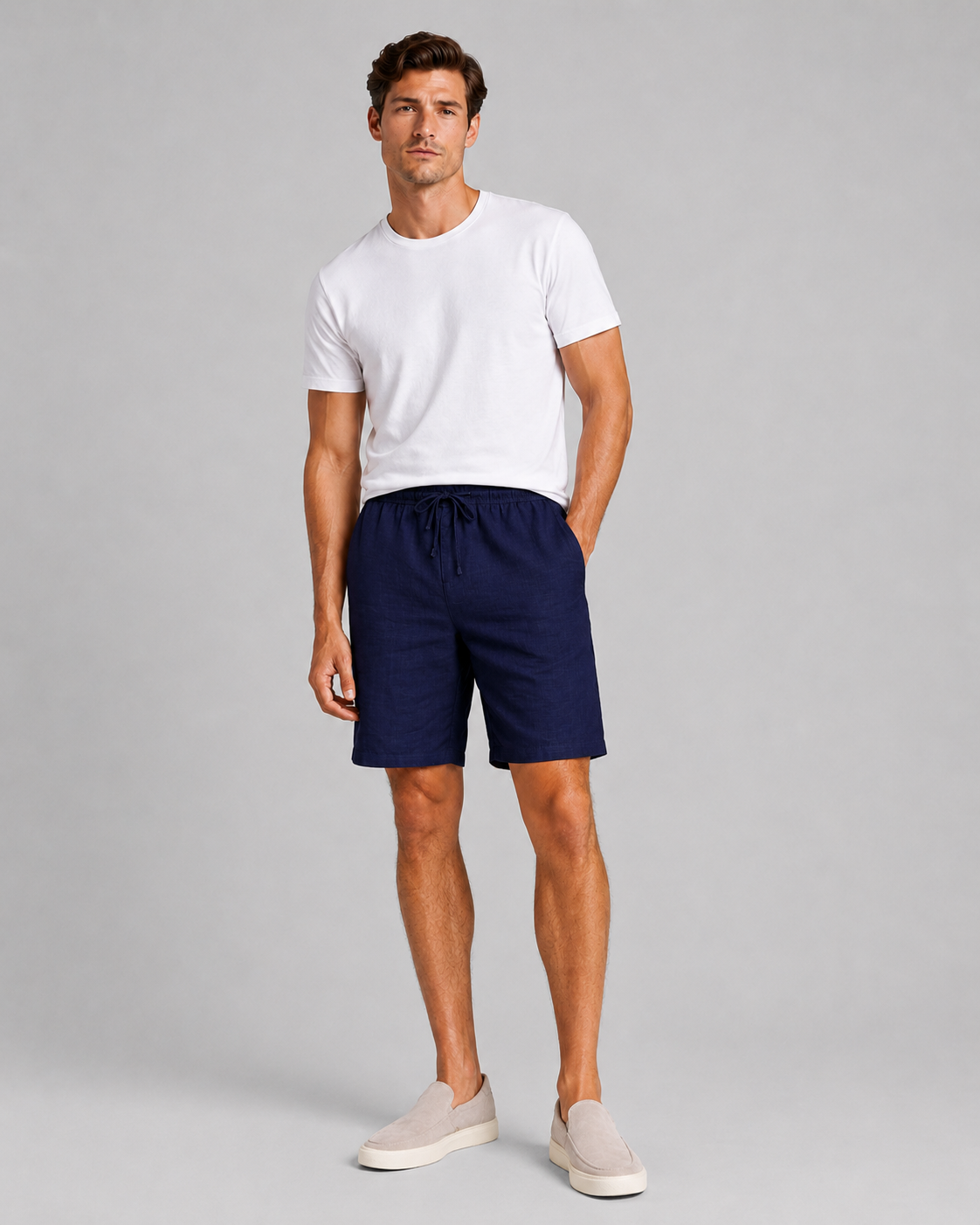 Navy relaxed linen shorts drawstring waist soft breathable fabric minimal summer look