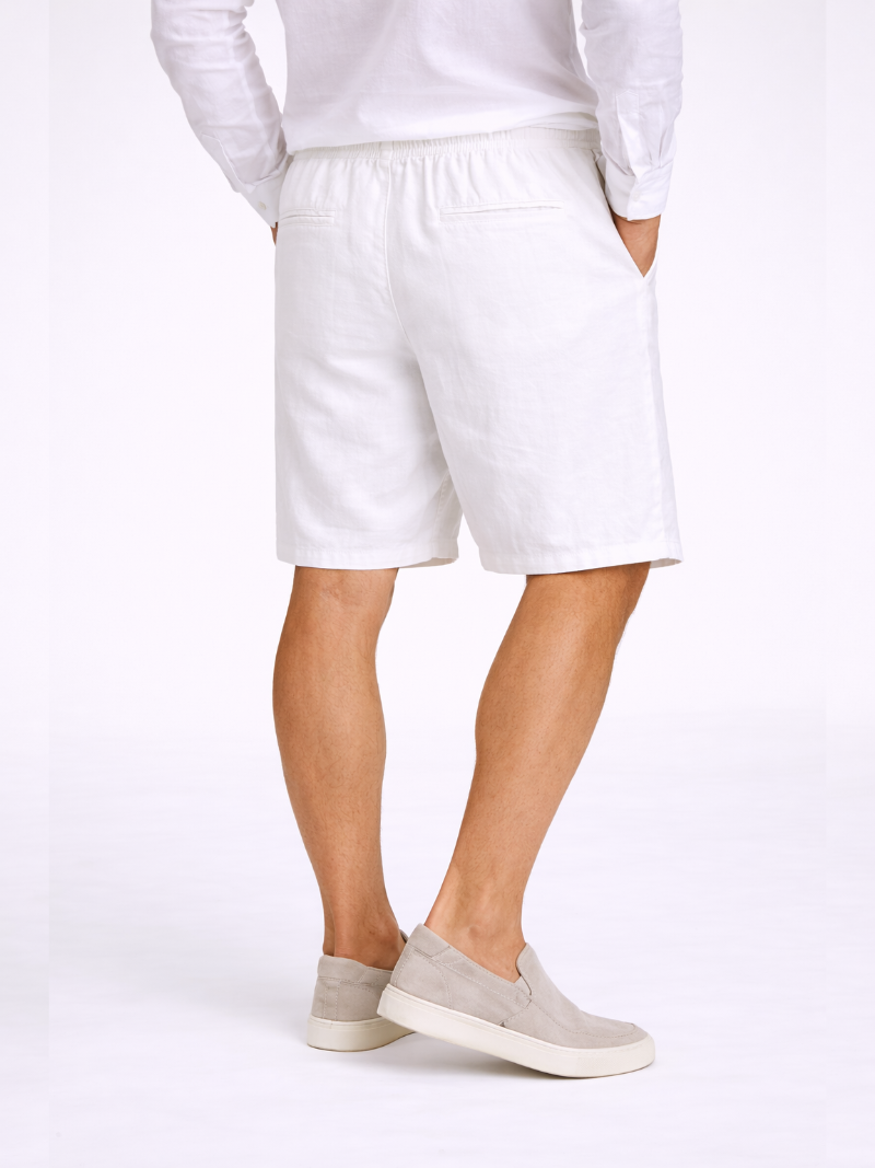 White linen shorts with drawstring waist relaxed fit soft breathable fabric clean summer outfit
