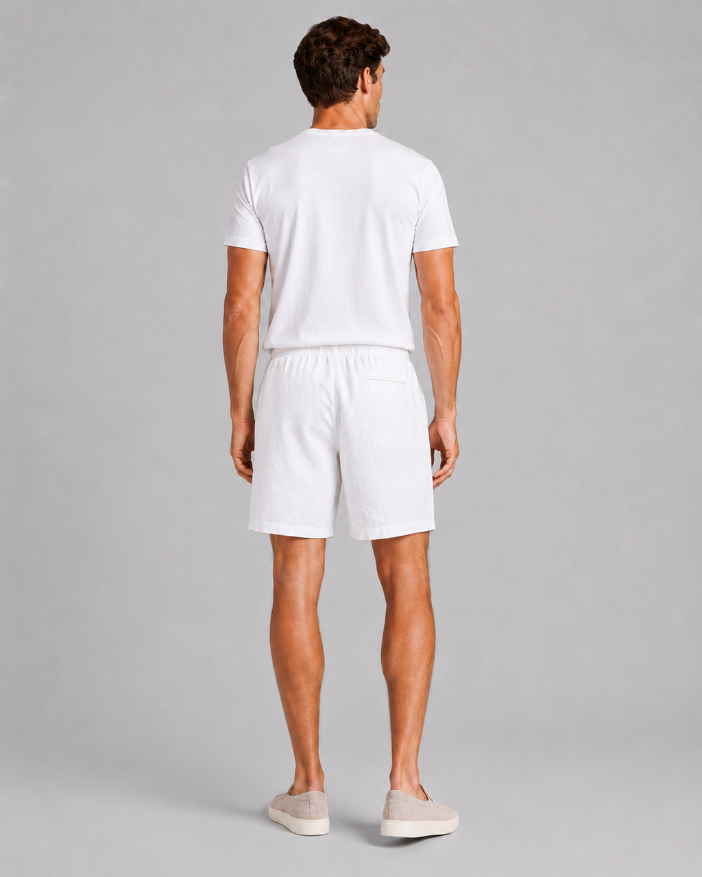White relaxed linen shorts drawstring waist soft breathable fabric minimal summer look
