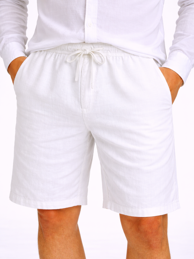 Men’s white linen drawstring shorts lightweight comfortable relaxed beach and vacation wear