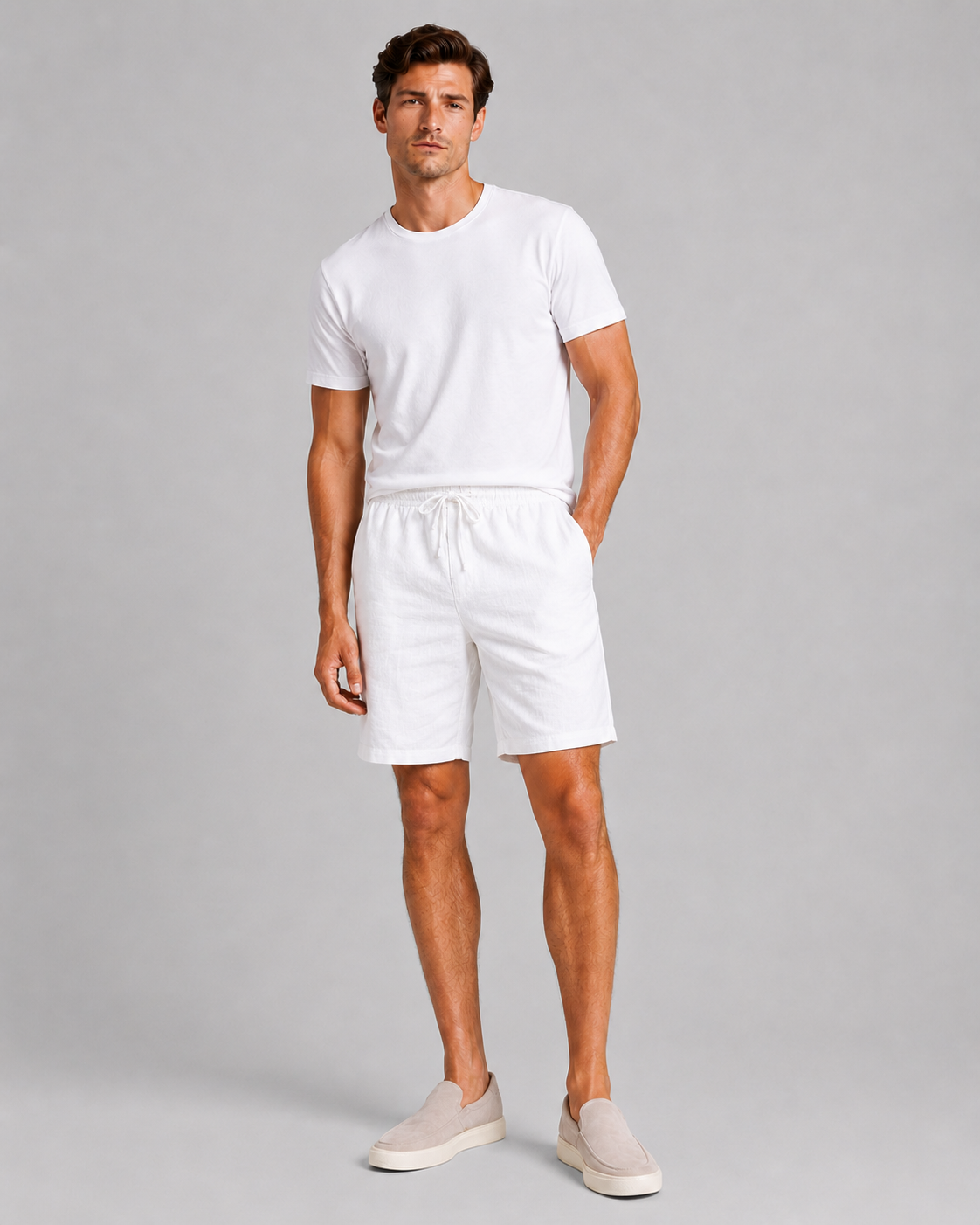 Front White of man in relaxed linen shorts drawstring waist soft breathable fabric minimal summer look