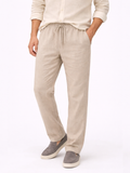 Men wearing beige linen casual pants relaxed fit lightweight breathable summer style