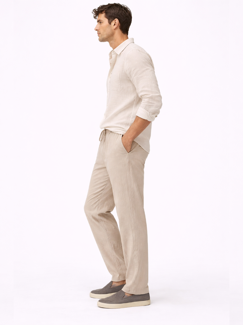Beige relaxed fit linen pants soft breathable fabric minimal modern casual look