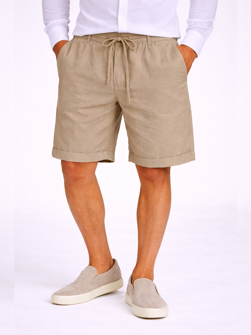 Men wearing khaki linen drawstring shorts relaxed fit lightweight breathable summer casual style
