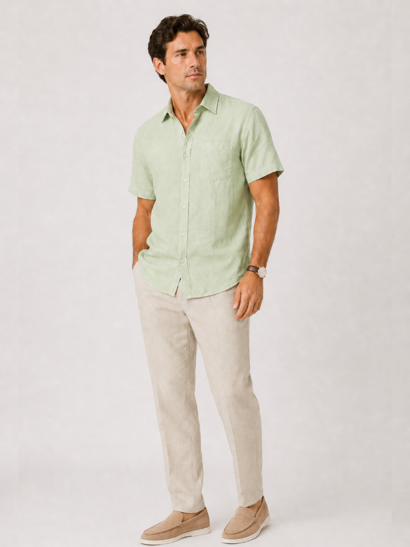 Mint green short sleeve linen shirt minimal breathable fabric refined summer look