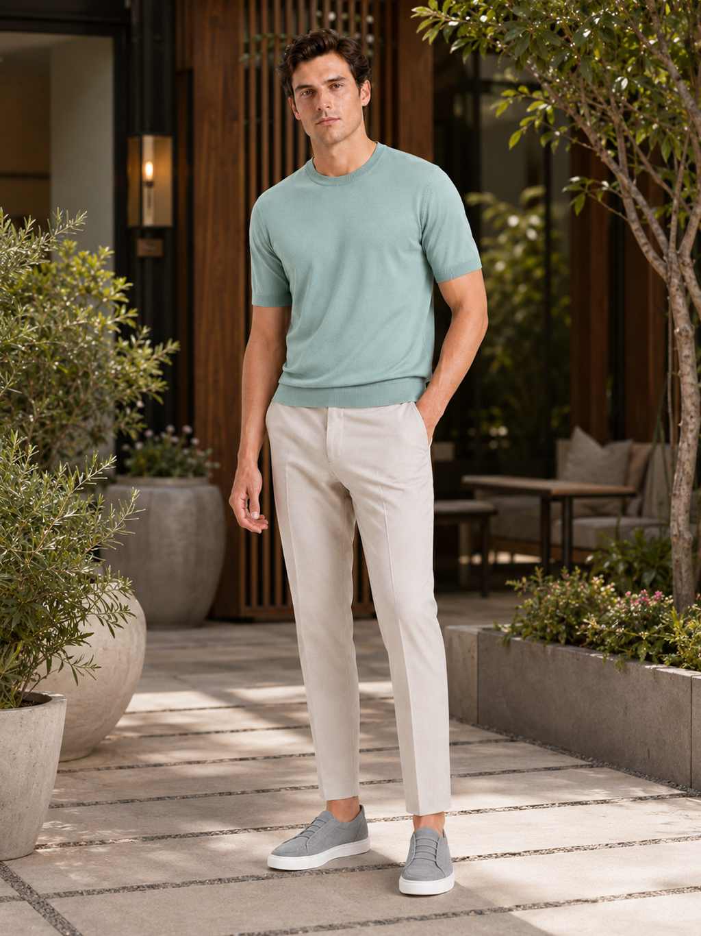 Man styling mint green merino wool knit t shirt in a fresh summer lifestyle outfit