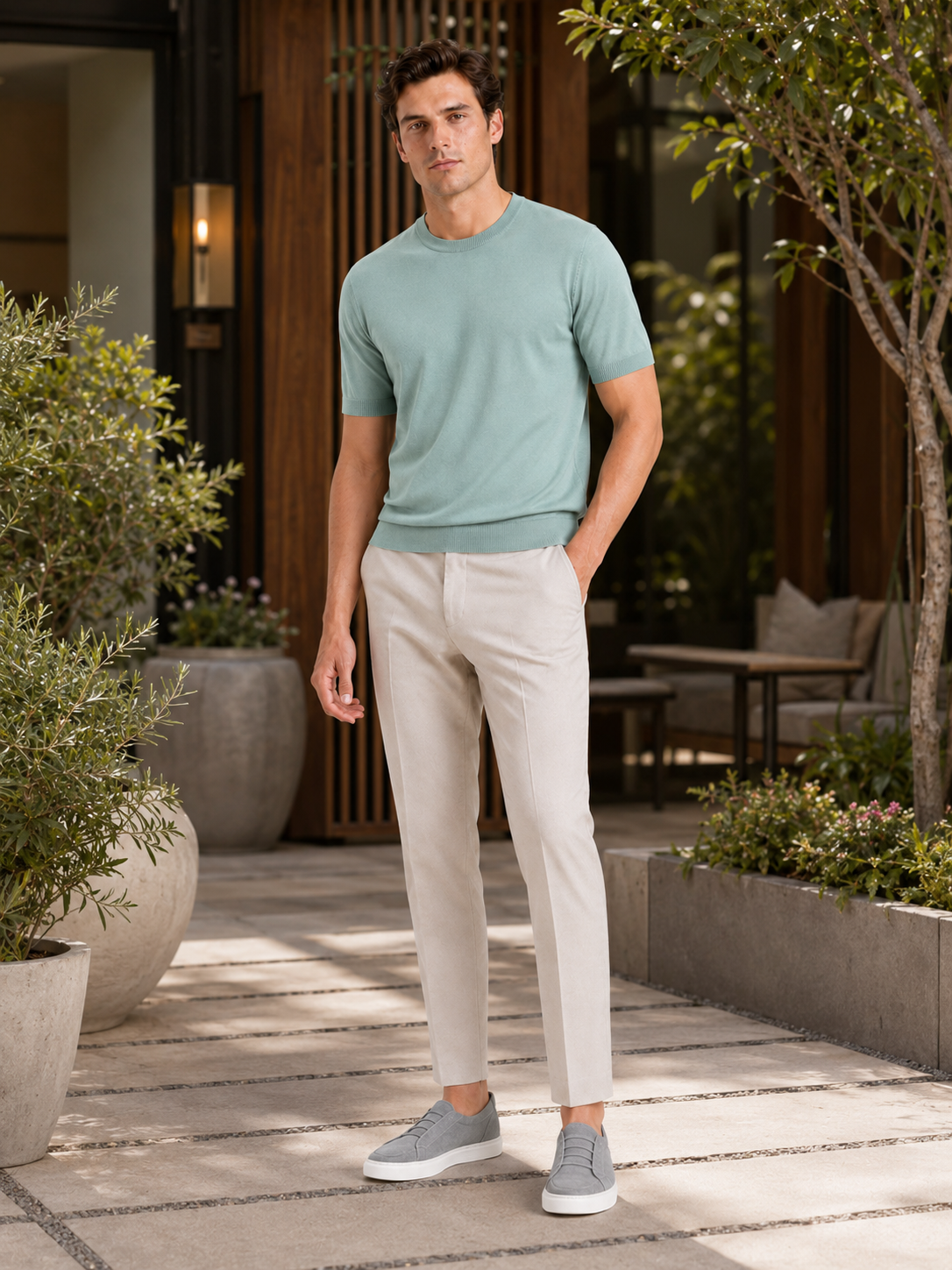 Man styling mint green merino wool knit t shirt in a fresh summer lifestyle outfit