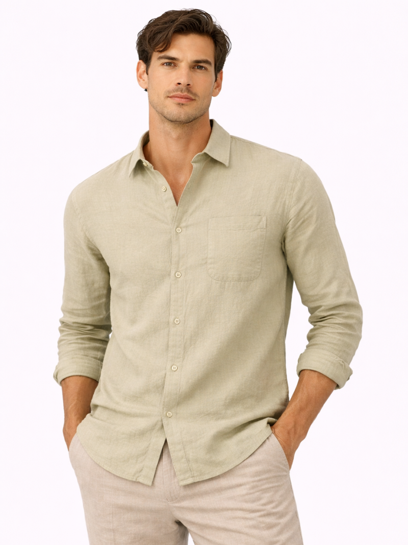 Men wearing mint green linen shirt lightweight breathable long sleeve fresh summer style
