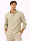 Men wearing mint green linen shirt lightweight breathable long sleeve fresh summer style