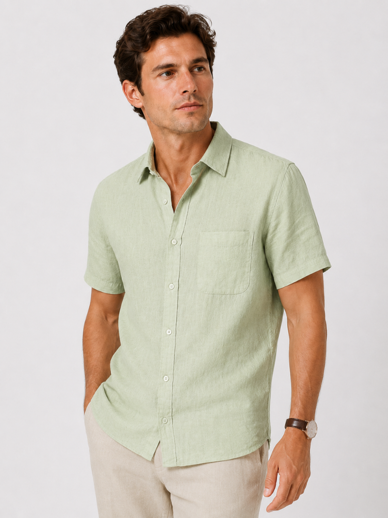Men wearing mint green linen short sleeve shirt lightweight breathable coastal casual summer style