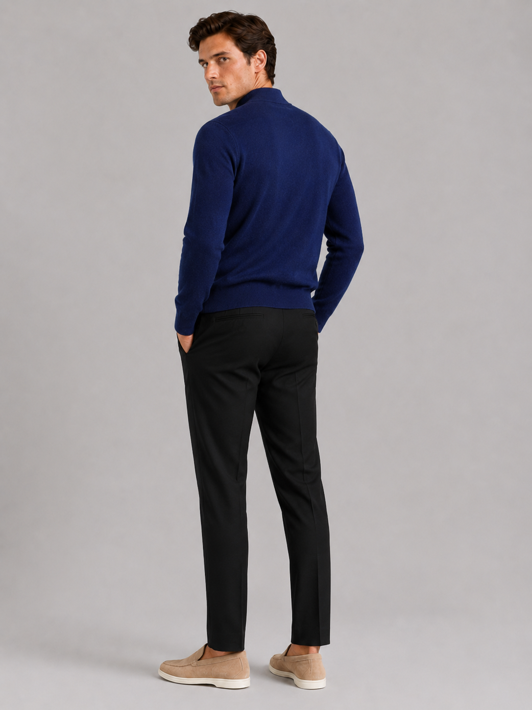 Men’s navy 100 percent wool sweater comfortable knit top for business casual and smart casual outfits