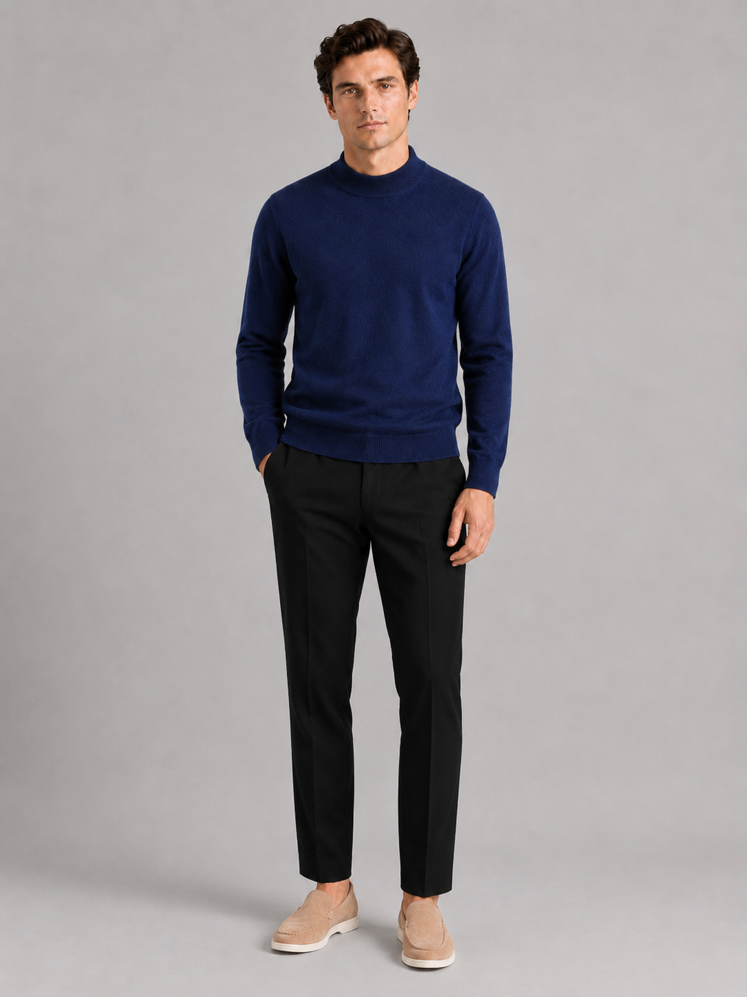 Navy wool mock neck sweater for men warm winter pullover for everyday and office wear