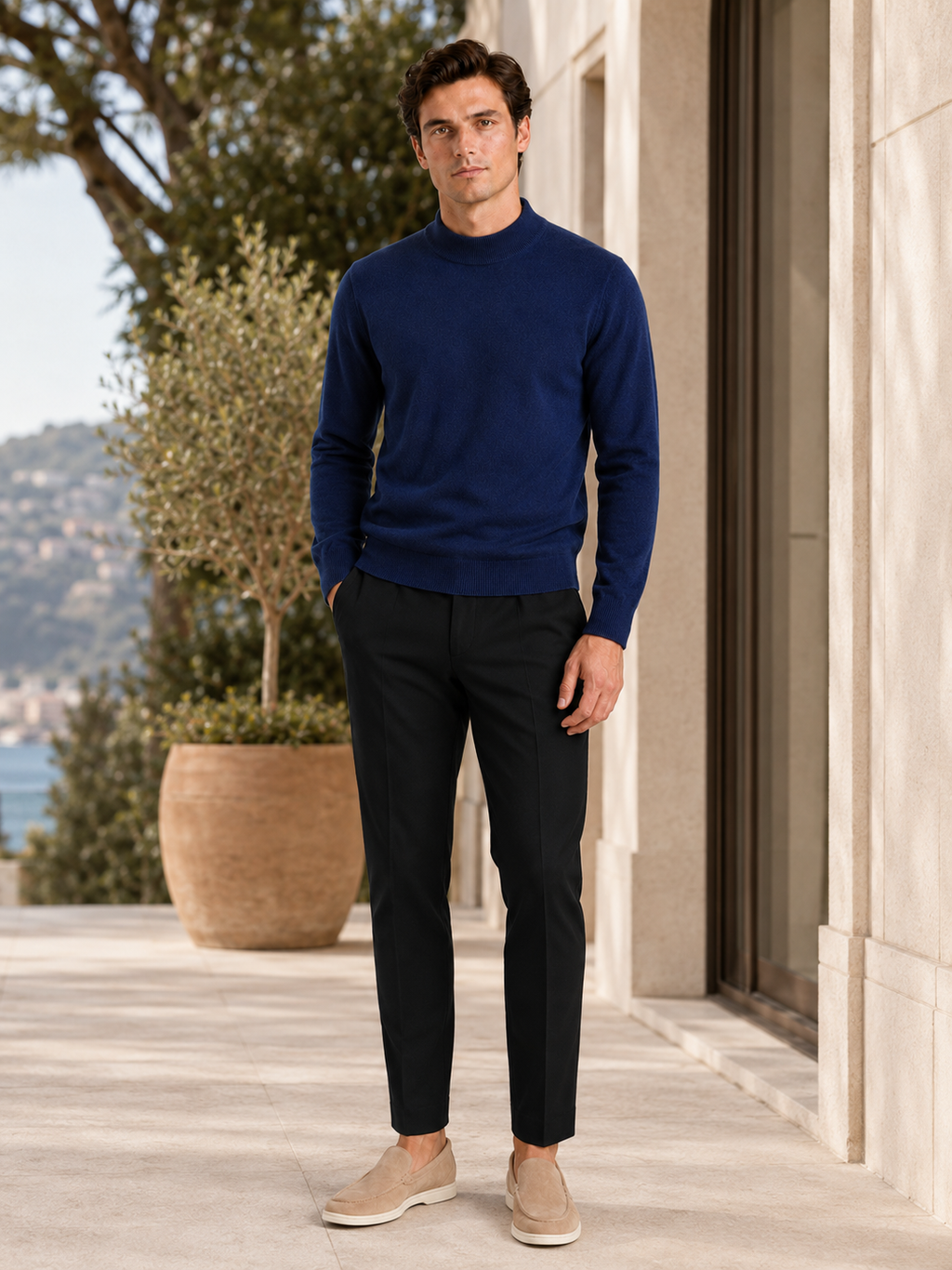 Man styling navy wool mock neck sweater in a classic fall winter lifestyle outfit