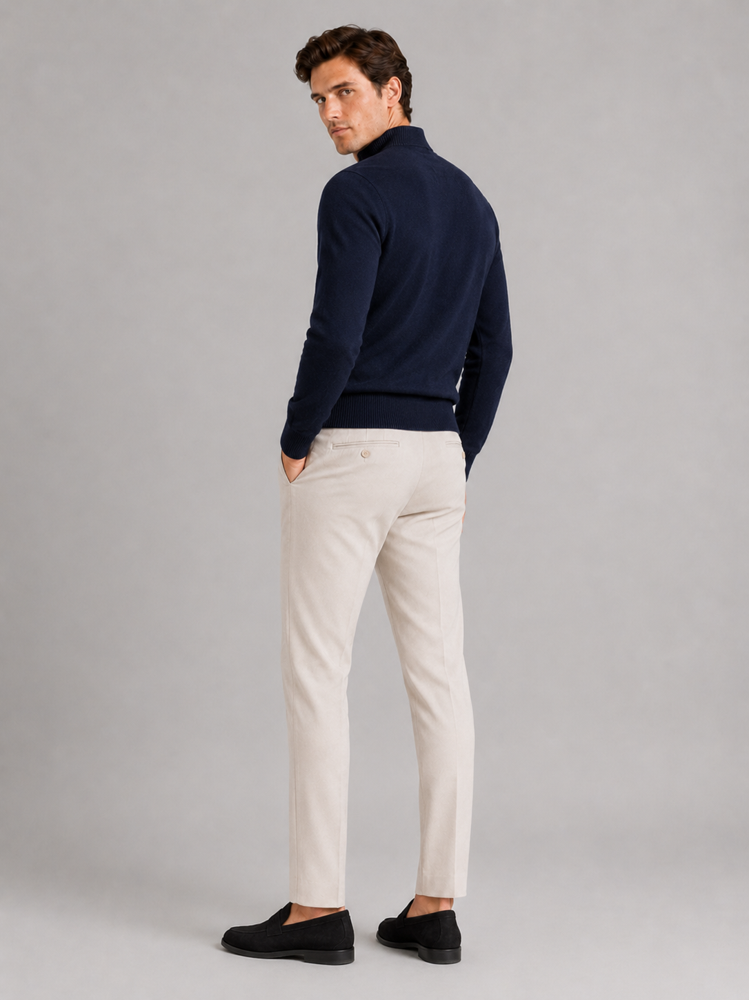 Men’s navy 100 percent wool sweater warm thick knit top for business casual outfits