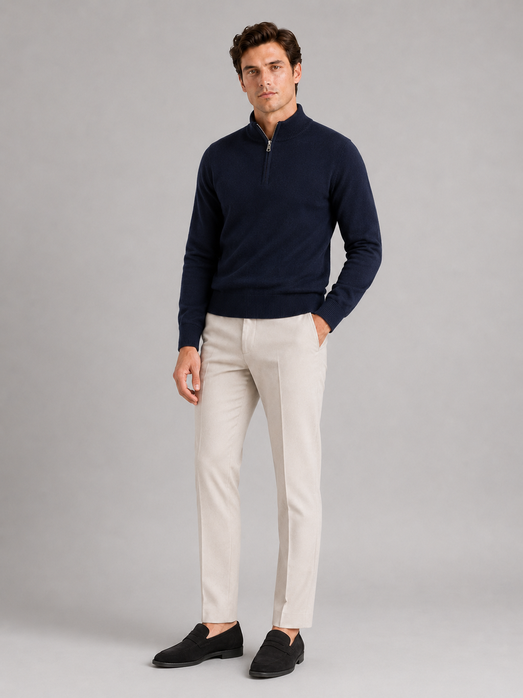 Navy wool half zip mock neck sweater for men breathable thermal pullover for winter wear