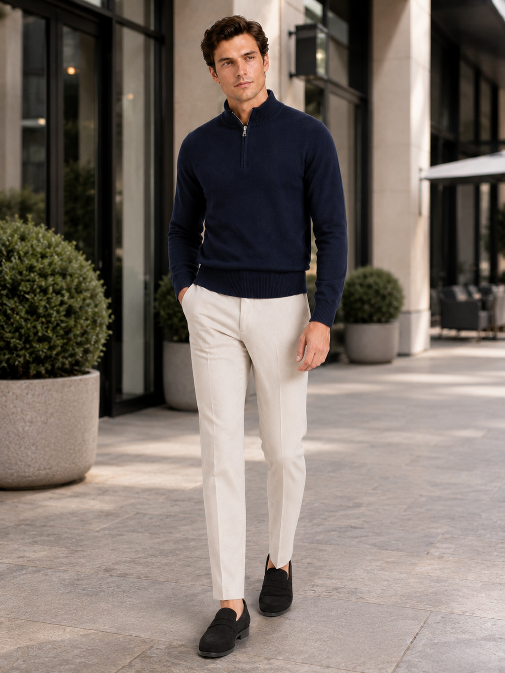 Man styling navy wool half zip mock neck sweater in a refined fall winter lifestyle outfit