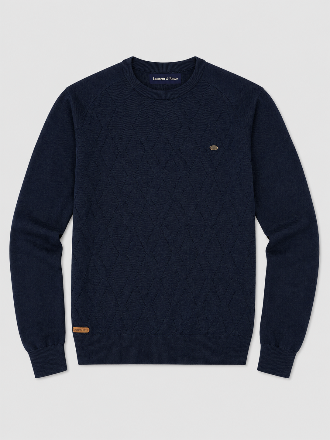 Navy men’s argyle crew neck knit sweater displayed on a plain background