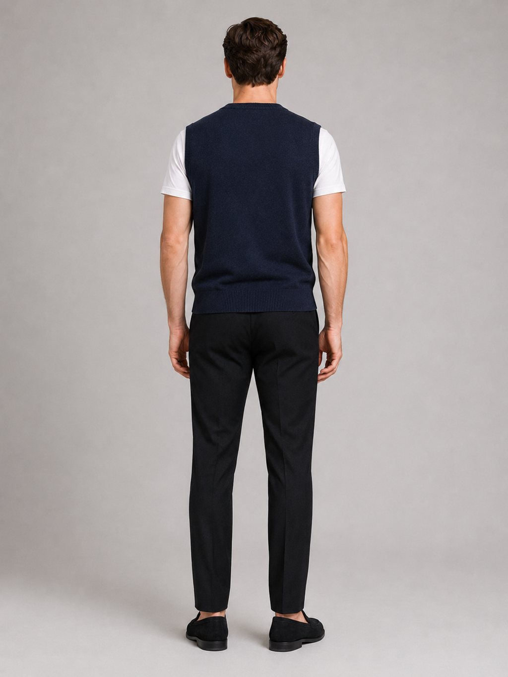 Men’s navy argyle knit sweater vest comfortable sleeveless layer for office and smart casual outfits