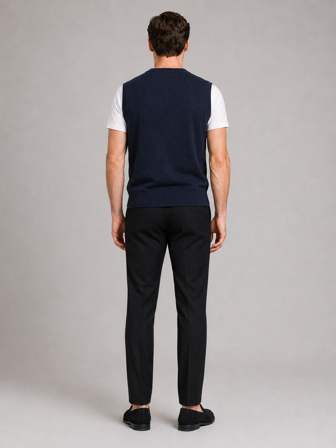 Men’s navy argyle knit sweater vest comfortable sleeveless layer for office and smart casual outfits