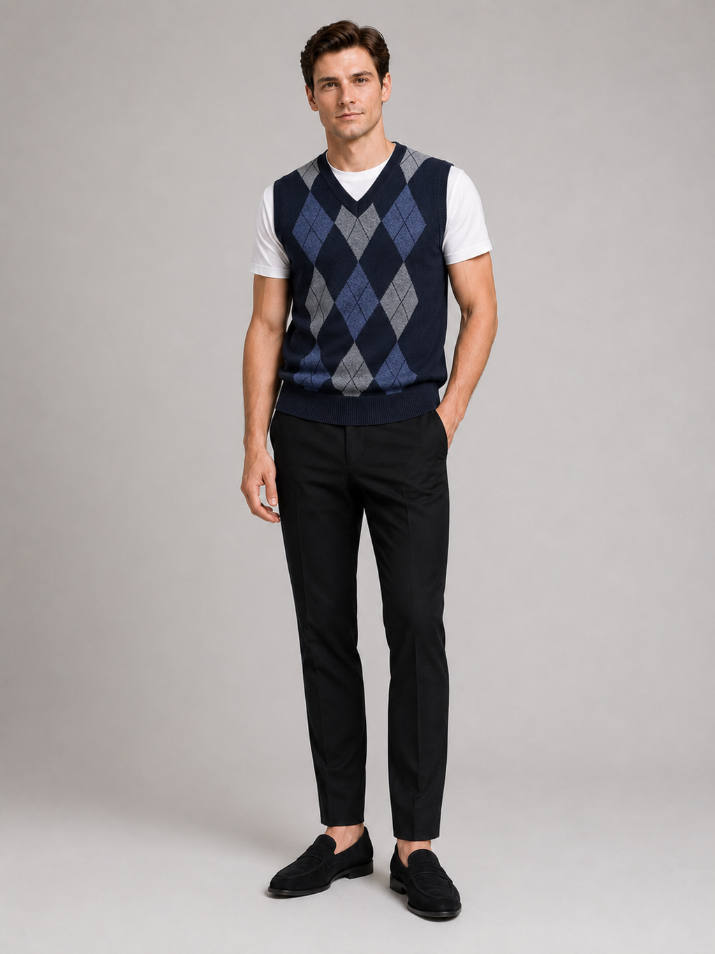 Navy argyle sweater vest for men slim fit knit layer for business casual and everyday wear