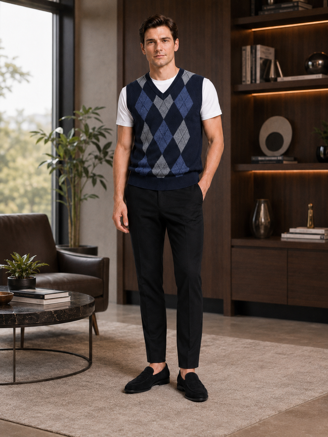 Man styling navy argyle sweater vest in a polished business casual and everyday lifestyle outfit