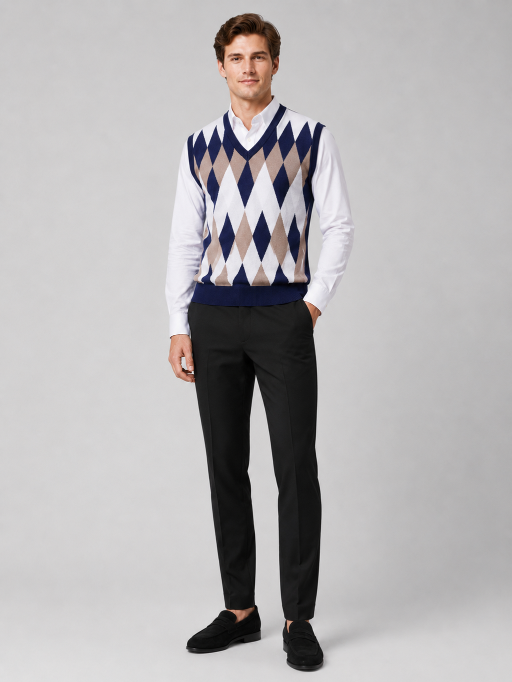 Navy argyle sweater vest for men slim fit lightweight layer for business casual wear