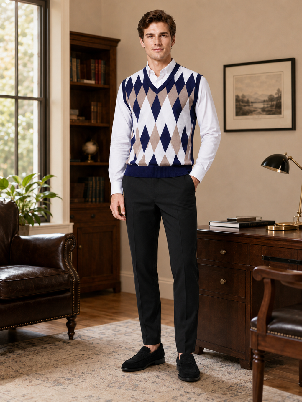 Man styling navy argyle sweater vest in a classic business casual and everyday lifestyle outfit