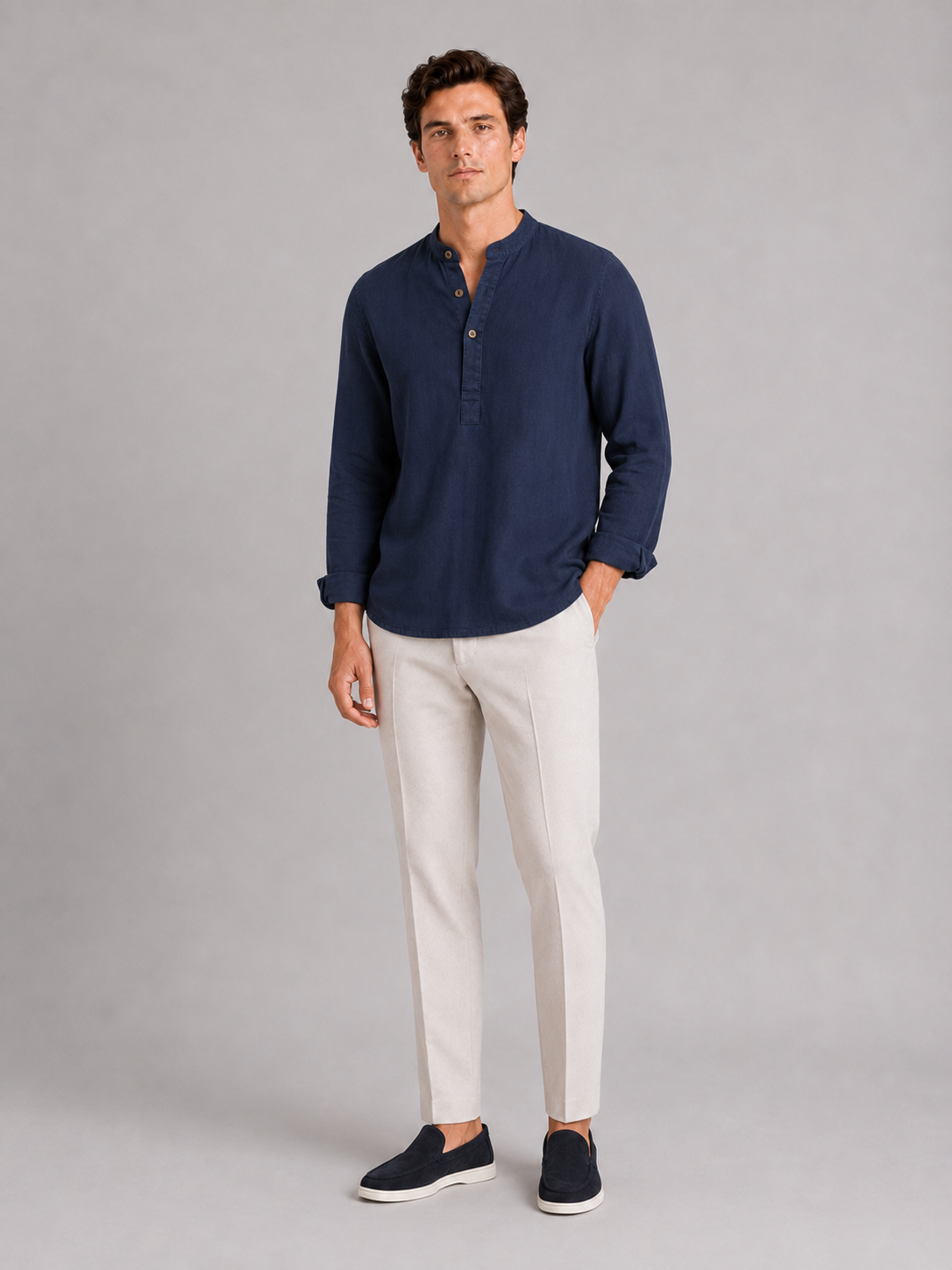 Navy band collar shirt for men loose fit long sleeve top for vacation and everyday wear