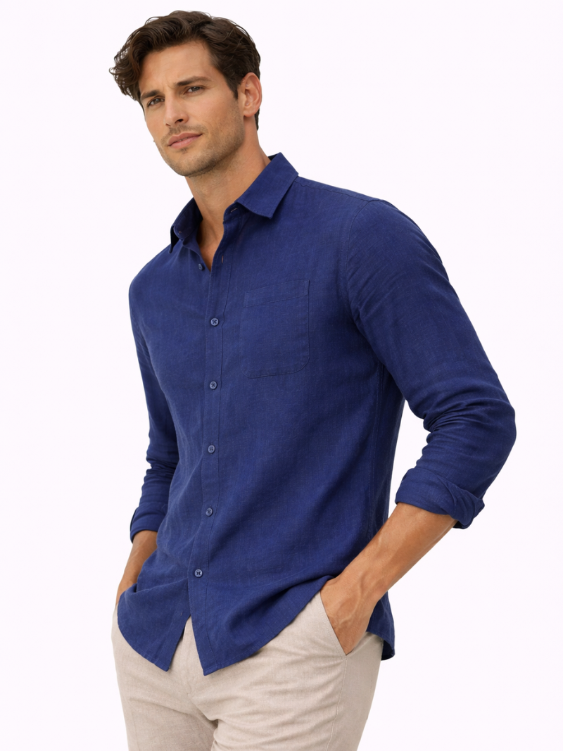 Navy lightweight linen shirt soft breathable fabric minimal classic summer look